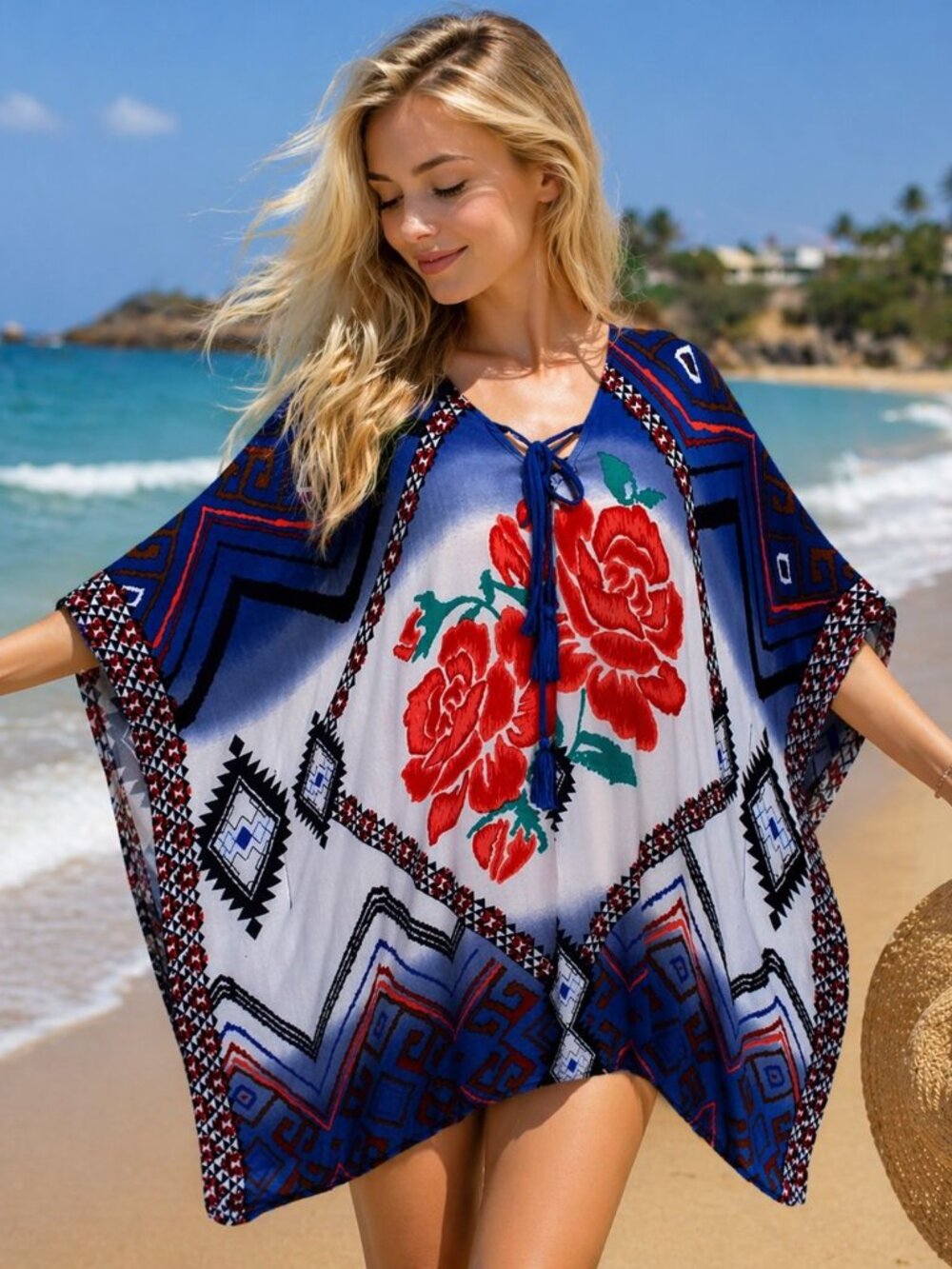 Sonoma One Size Tribal Floral Tie Neckline Rayon Gauze Poncho Top